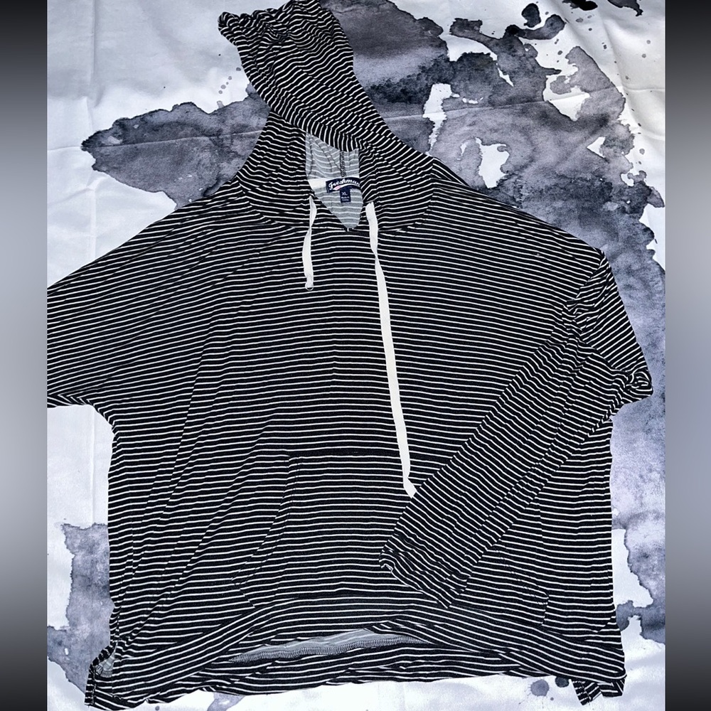 Freshman Womens‎ XL Black White Striped Lightweight Hoodie Knit Top Long Sleeve
